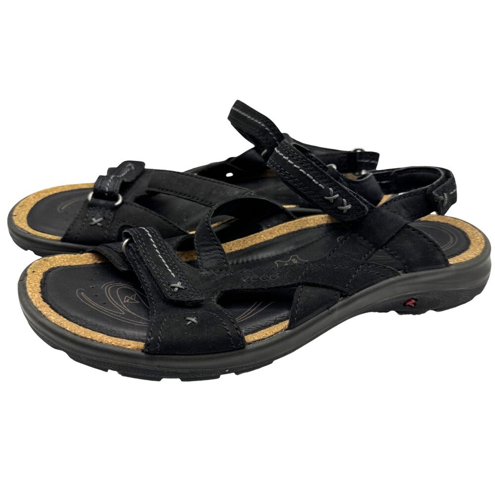 Ecco Black Leather Sandals Womens EU 40/US 9-9.5 Cork Hook Loop Outdoor Comfort - Picture 13 of 15